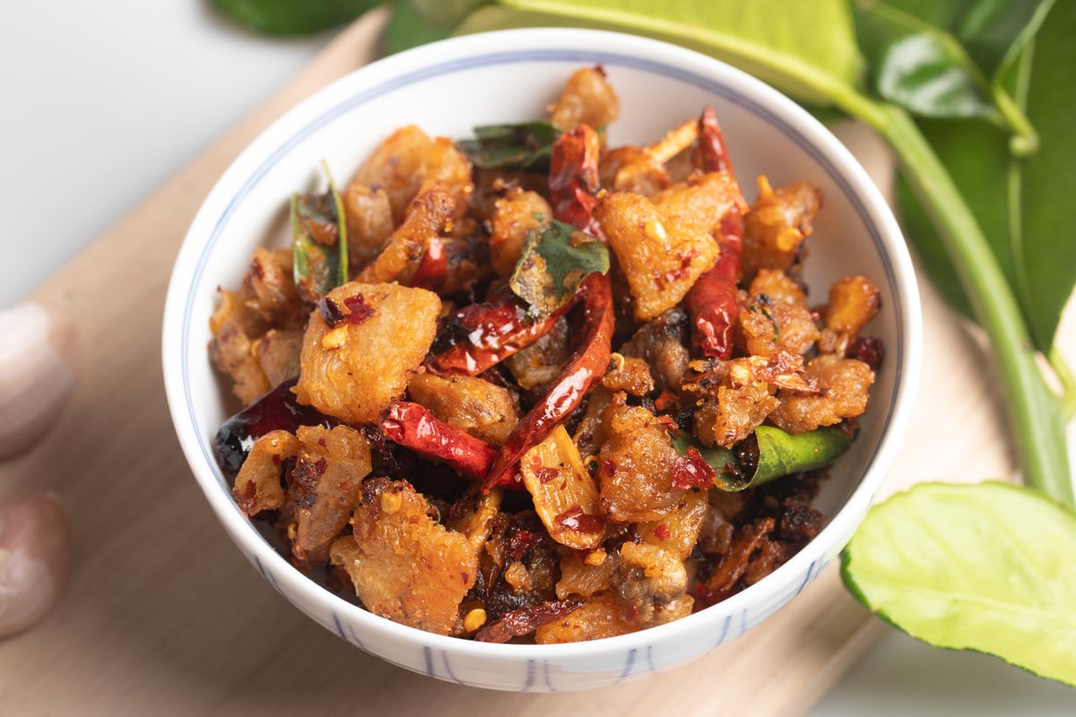 Spicy fried pork crackling chili paste. Thai food.